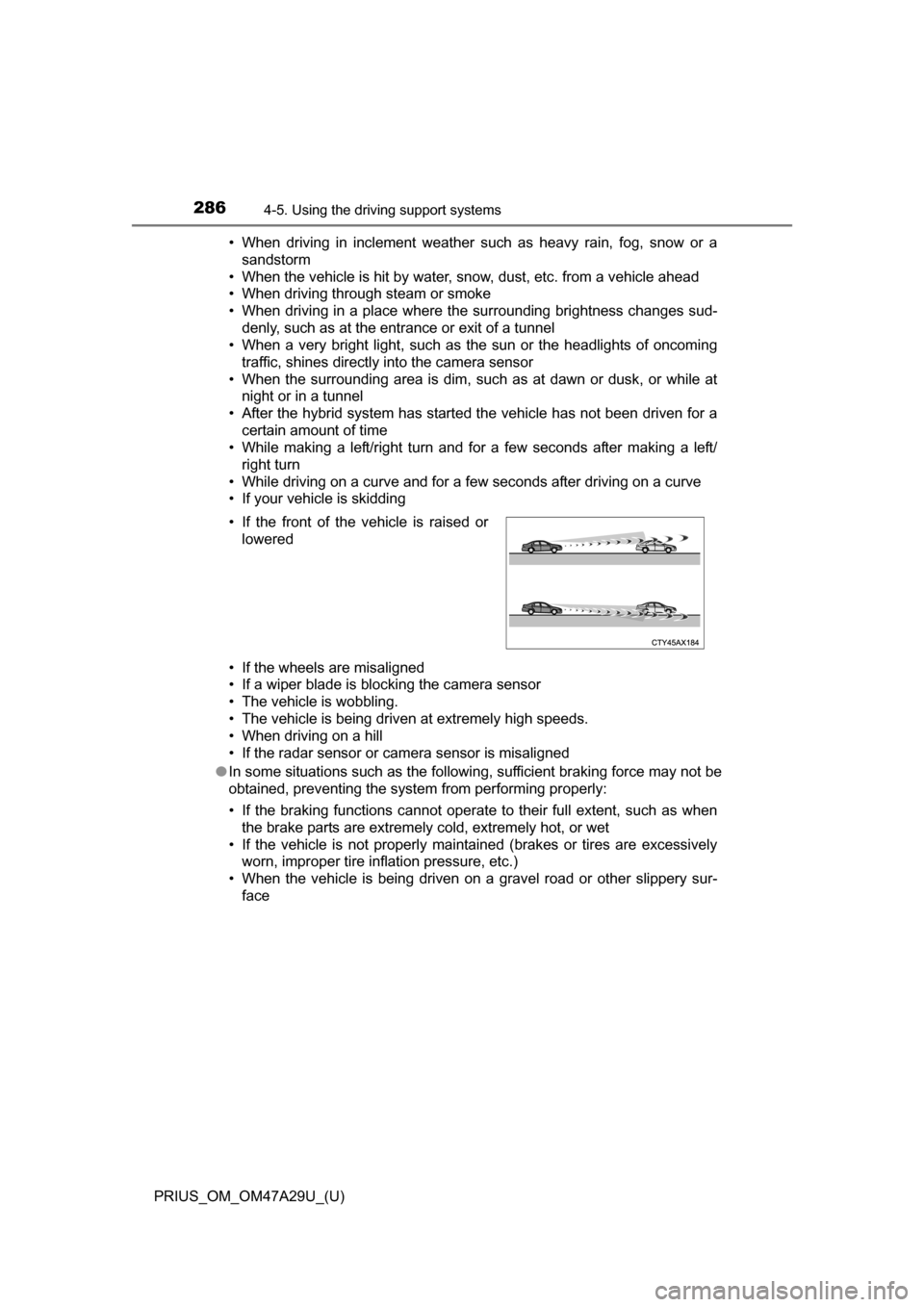 TOYOTA PRIUS 2016 4.G Owners Manual 286
PRIUS_OM_OM47A29U_(U)
4-5. Using the driving support systems
• When driving in inclement weather such as heavy rain, fog, snow or a
sandstorm
• When the vehicle is hit by water, snow, dust, et TOYOTA PRIUS 2016 4.G Owners Manual 286
PRIUS_OM_OM47A29U_(U)
4-5. Using the driving support systems
• When driving in inclement weather such as heavy rain, fog, snow or a
sandstorm
• When the vehicle is hit by water, snow, dust, et