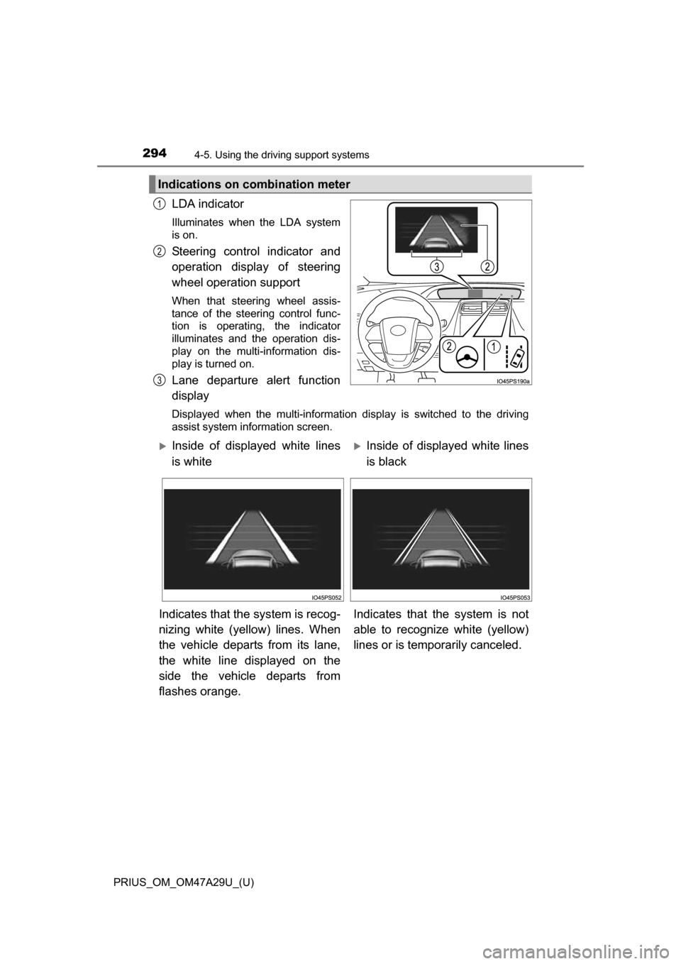 TOYOTA PRIUS 2016 4.G Owners Manual 294
PRIUS_OM_OM47A29U_(U)
4-5. Using the driving support systems
LDA indicator
Illuminates when the LDA system
is on.
Steering control indicator and
operation display of steering
wheel operation suppo TOYOTA PRIUS 2016 4.G Owners Manual 294
PRIUS_OM_OM47A29U_(U)
4-5. Using the driving support systems
LDA indicator
Illuminates when the LDA system
is on.
Steering control indicator and
operation display of steering
wheel operation suppo