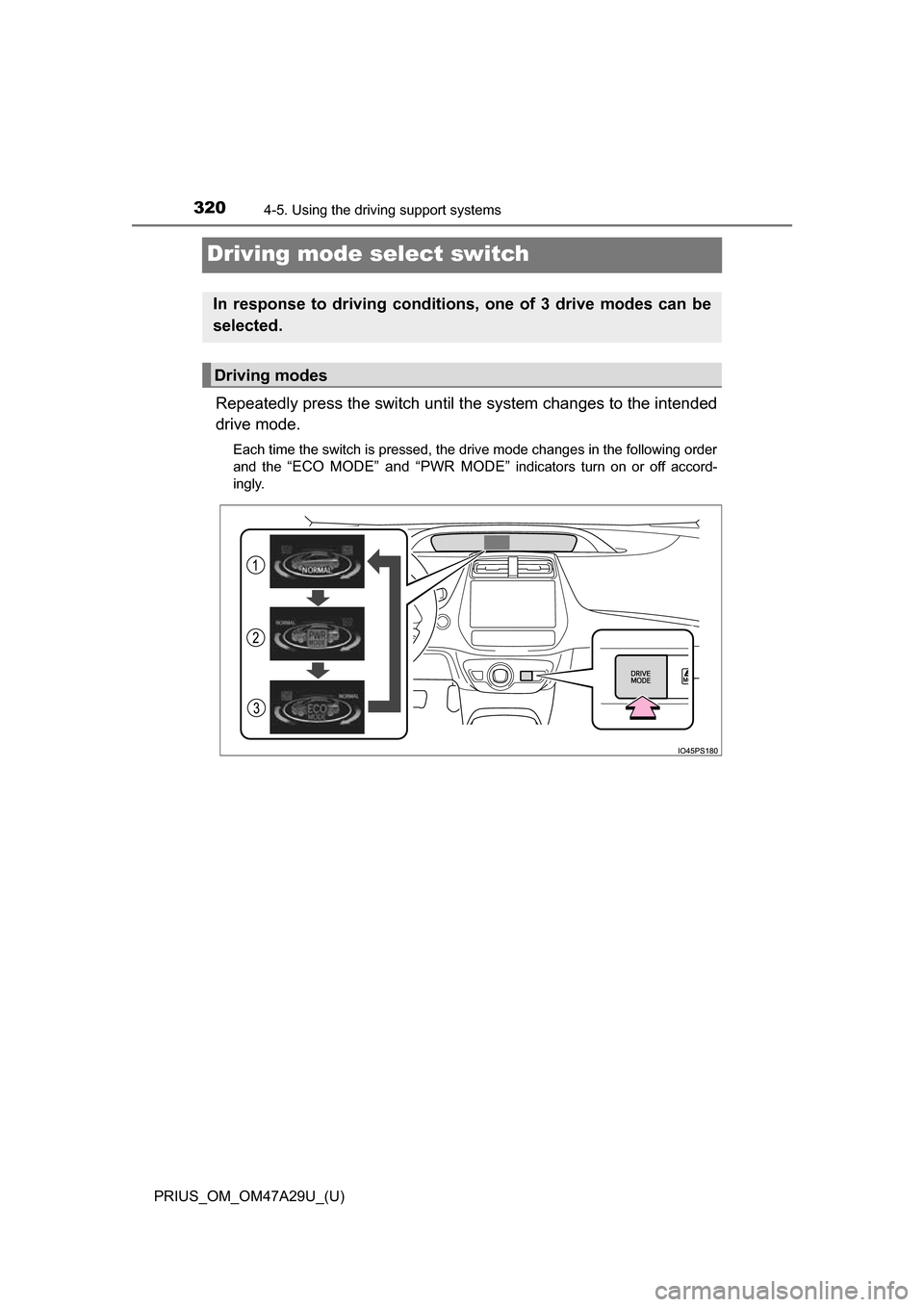 TOYOTA PRIUS 2016 4.G Owners Manual 320
PRIUS_OM_OM47A29U_(U)
4-5. Using the driving support systems
Driving mode select switch
Repeatedly press the switch until t he system changes to the intended
drive mode.
Each time the switch is pr