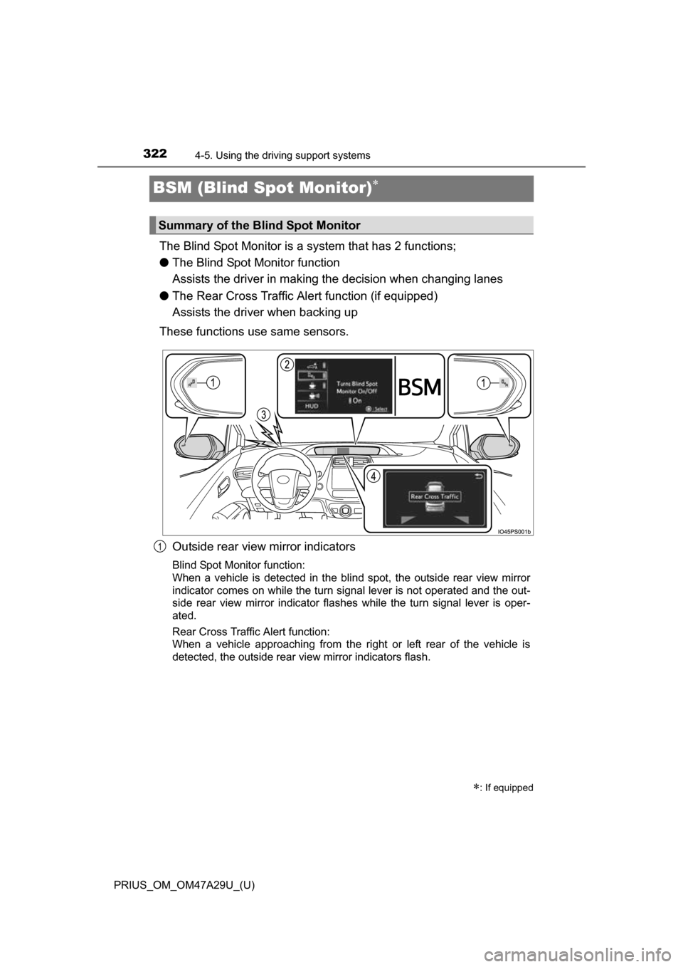 TOYOTA PRIUS 2016 4.G Owners Manual 322
PRIUS_OM_OM47A29U_(U)
4-5. Using the driving support systems
BSM (Blind Spot Monitor)
The Blind Spot Monitor is a  system that has 2 functions;
● The Blind Spot Monitor function 
Assists the 