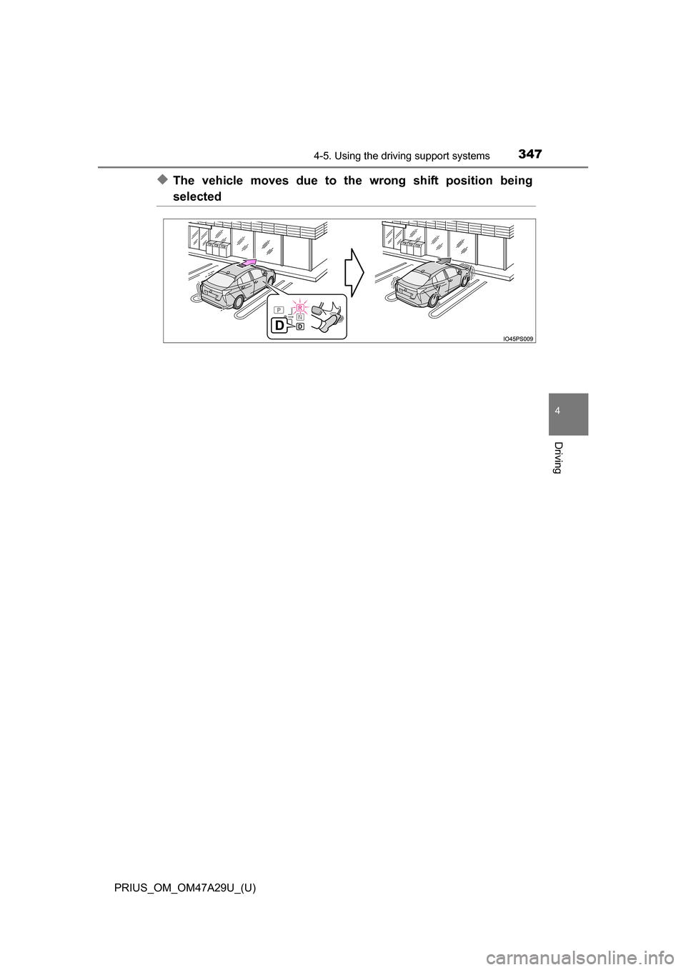 TOYOTA PRIUS 2016 4.G Owners Manual PRIUS_OM_OM47A29U_(U)
3474-5. Using the driving support systems
4
Driving
◆The vehicle moves due to the wrong shift position being
selected TOYOTA PRIUS 2016 4.G Owners Manual PRIUS_OM_OM47A29U_(U)
3474-5. Using the driving support systems
4
Driving
◆The vehicle moves due to the wrong shift position being
selected