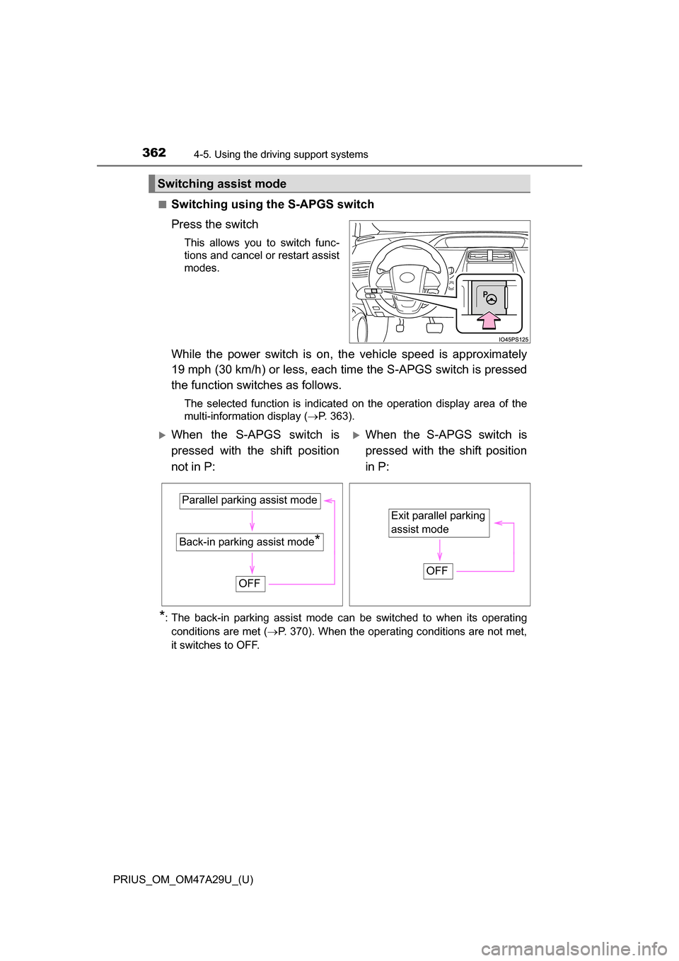 TOYOTA PRIUS 2016 4.G Owners Manual 362
PRIUS_OM_OM47A29U_(U)
4-5. Using the driving support systems
■Switching using the S-APGS switch
Press the switch
This allows you to switch func-
tions and cancel or restart assist
modes.
While t TOYOTA PRIUS 2016 4.G Owners Manual 362
PRIUS_OM_OM47A29U_(U)
4-5. Using the driving support systems
■Switching using the S-APGS switch
Press the switch
This allows you to switch func-
tions and cancel or restart assist
modes.
While t