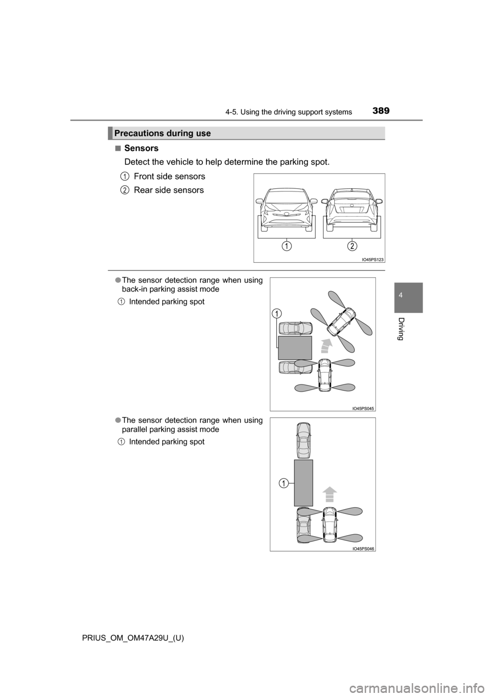 TOYOTA PRIUS 2016 4.G Owners Manual PRIUS_OM_OM47A29U_(U)
3894-5. Using the driving support systems
4
Driving
■Sensors
Detect the vehicle to help determine the parking spot.
Front side sensors
Rear side sensors
Precautions during us TOYOTA PRIUS 2016 4.G Owners Manual PRIUS_OM_OM47A29U_(U)
3894-5. Using the driving support systems
4
Driving
■Sensors
Detect the vehicle to help determine the parking spot.
Front side sensors
Rear side sensors
Precautions during us