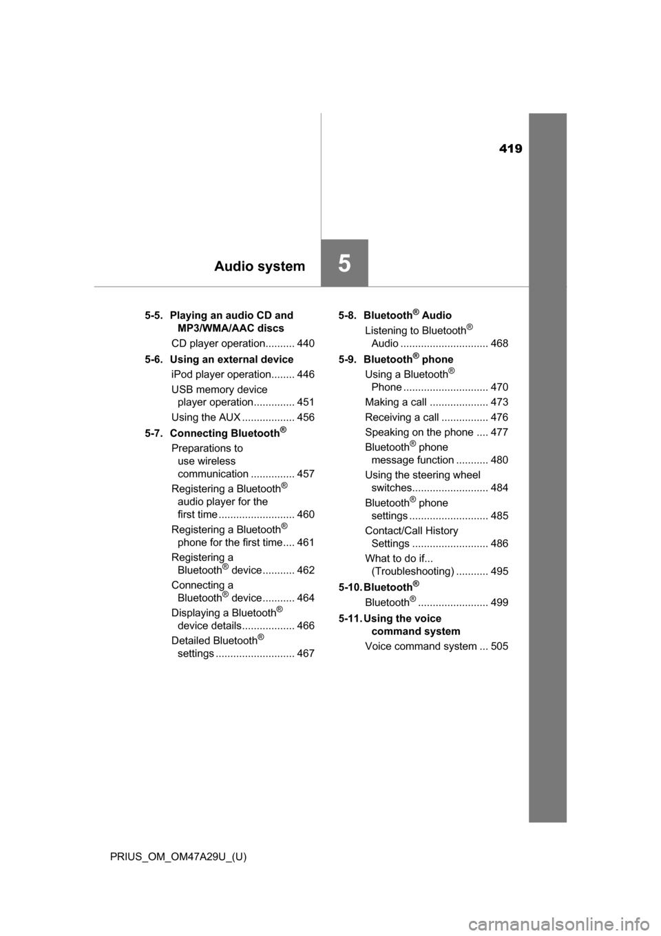 TOYOTA PRIUS 2016 4.G Owners Manual 419
PRIUS_OM_OM47A29U_(U)
5Audio system
5-5. Playing an audio CD and MP3/WMA/AAC discs
CD player operation.......... 440
5-6. Using an external device iPod player operation........ 446
USB memory devi TOYOTA PRIUS 2016 4.G Owners Manual 419
PRIUS_OM_OM47A29U_(U)
5Audio system
5-5. Playing an audio CD and MP3/WMA/AAC discs
CD player operation.......... 440
5-6. Using an external device iPod player operation........ 446
USB memory devi