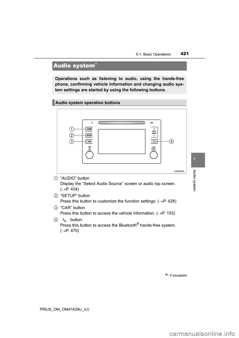 TOYOTA PRIUS 2016 4.G Owners Manual 421
PRIUS_OM_OM47A29U_(U)
5-1. Basic Operations
5
Audio system
Audio system
“AUDIO” button
Display the “Select Audio Source” screen or audio top screen.
( P. 434)
“SETUP” button
P TOYOTA PRIUS 2016 4.G Owners Manual 421
PRIUS_OM_OM47A29U_(U)
5-1. Basic Operations
5
Audio system
Audio system
“AUDIO” button
Display the “Select Audio Source” screen or audio top screen.
( P. 434)
“SETUP” button
P