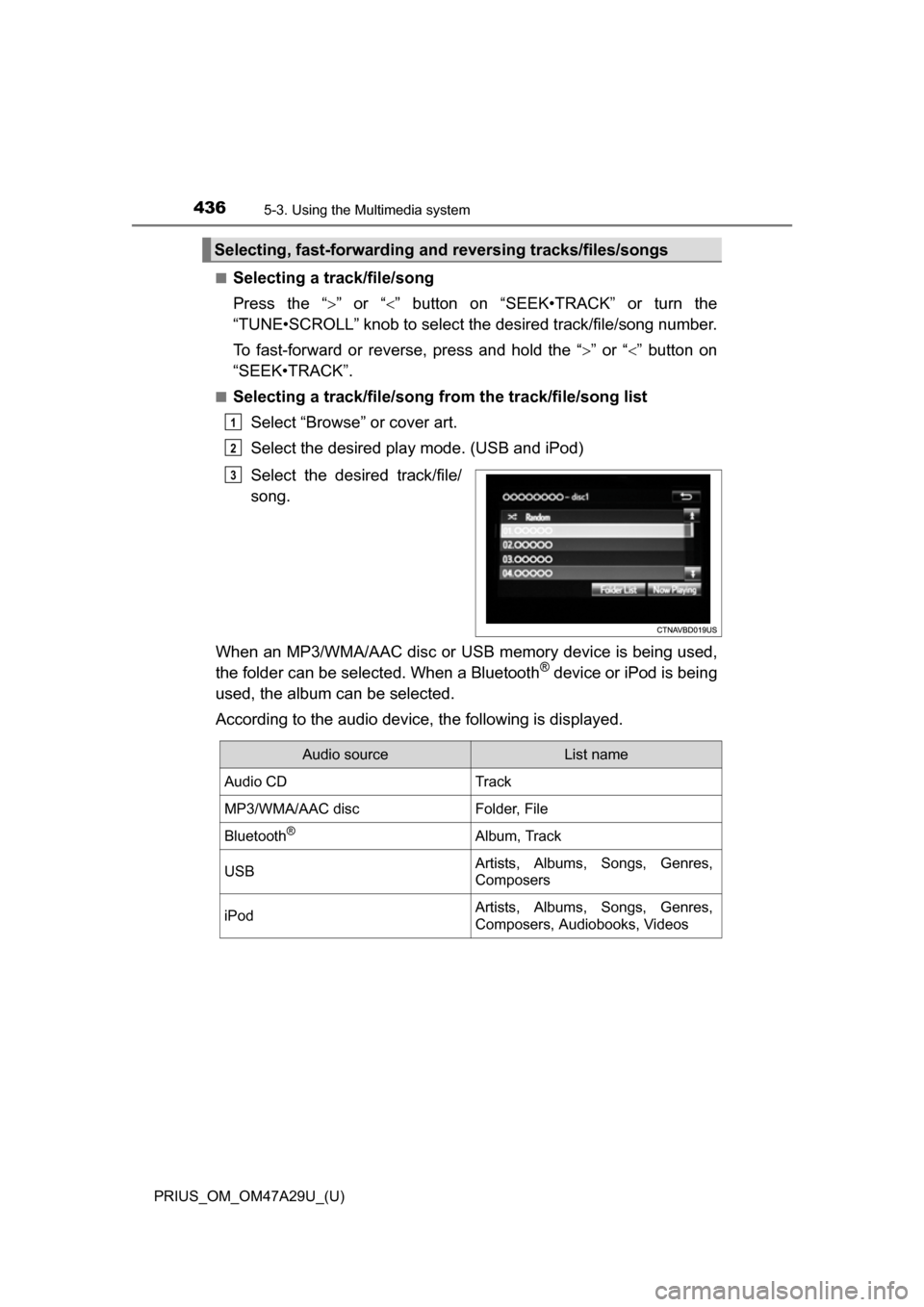 TOYOTA PRIUS 2016 4.G Owners Manual 4365-3. Using the Multimedia system
PRIUS_OM_OM47A29U_(U)■
Selecting a track/file/song
Press the “
” or “” button on “SEEK•TRACK” or turn the
“TUNE•SCROLL” knob to select t