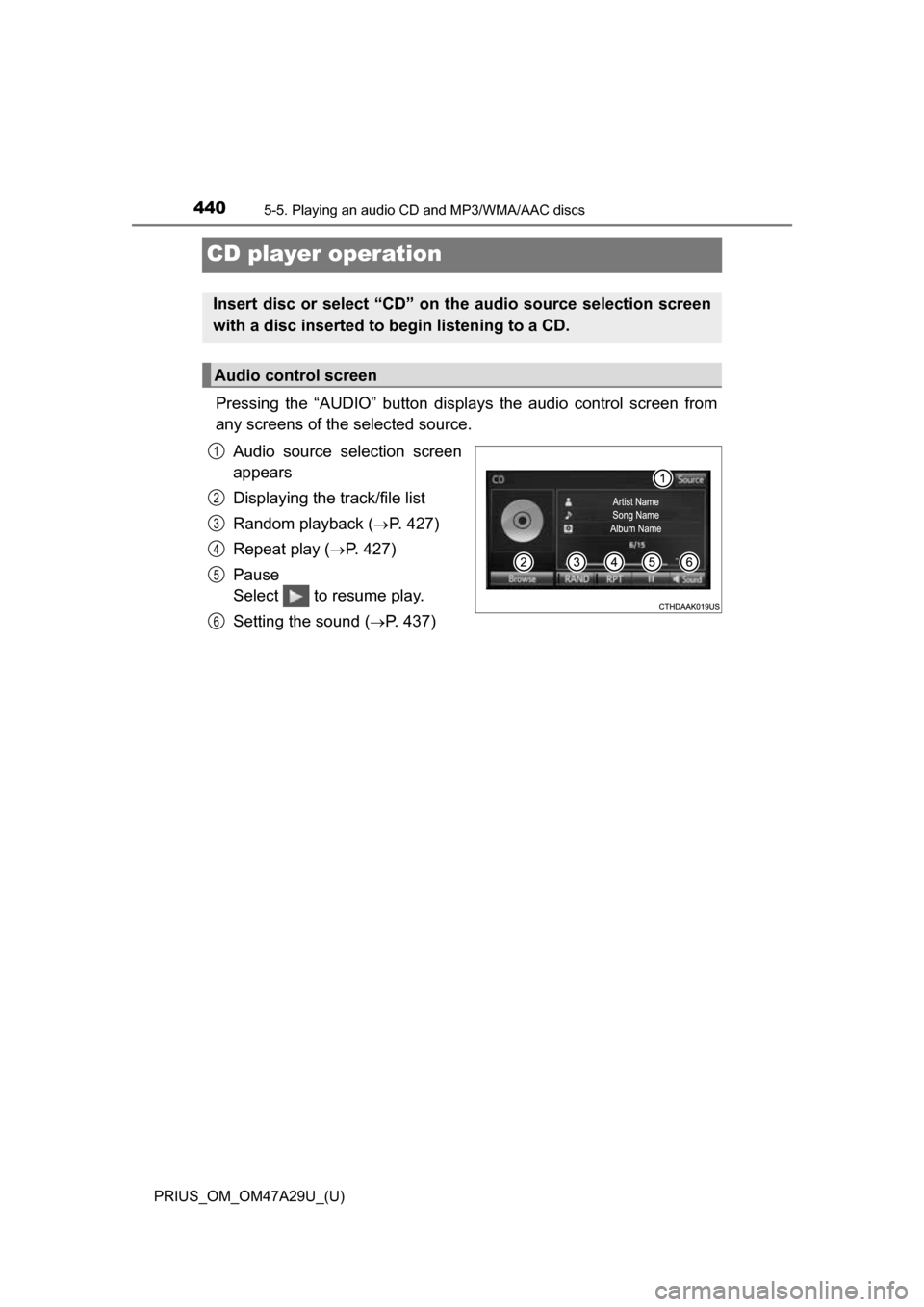 TOYOTA PRIUS 2016 4.G Owners Manual 440
PRIUS_OM_OM47A29U_(U)
5-5. Playing an audio CD and MP3/WMA/AAC discs
CD player operation
Pressing the “AUDIO” button displays the audio control screen from
any screens of the selected source.
