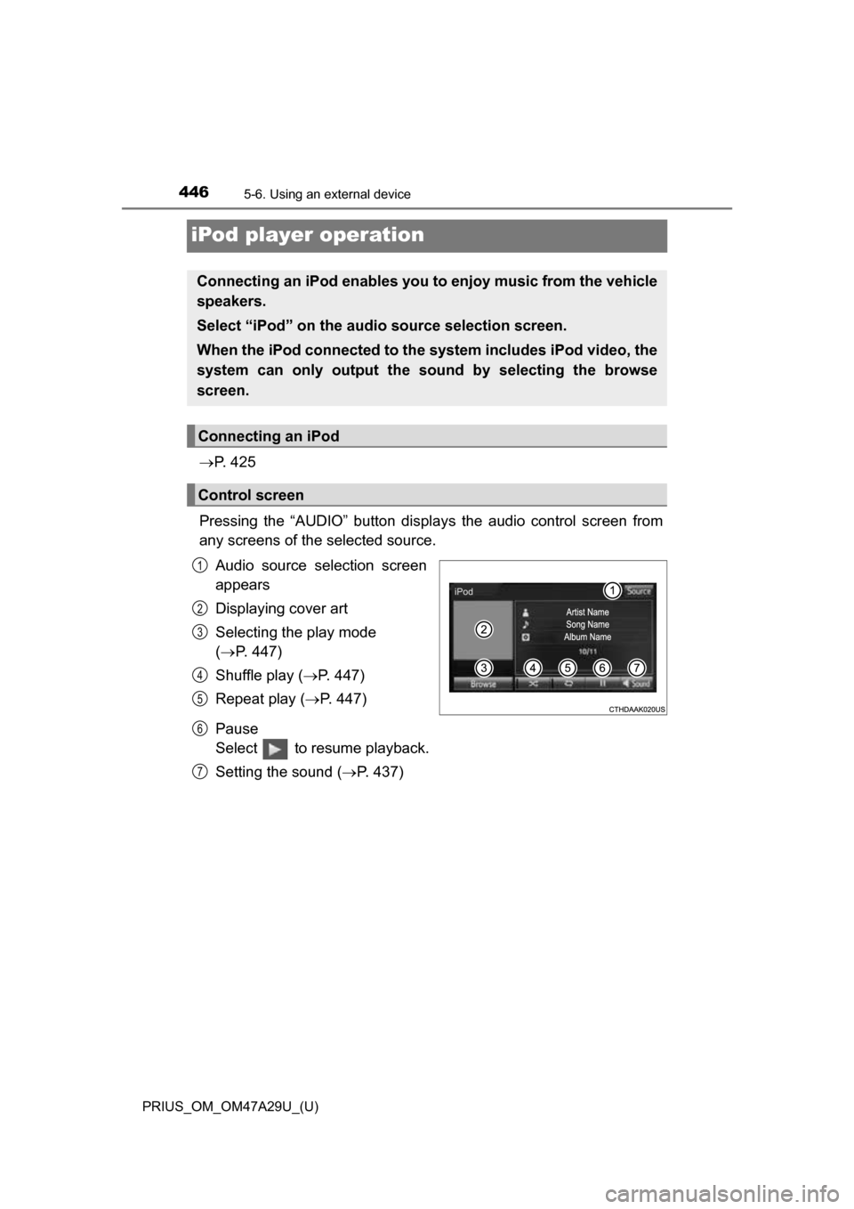 TOYOTA PRIUS 2016 4.G Owners Manual 446
PRIUS_OM_OM47A29U_(U)
5-6. Using an external device
iPod player operation
P. 4 2 5
Pressing the “AUDIO” button disp lays the audio control screen from
any screens of the selected source.
A TOYOTA PRIUS 2016 4.G Owners Manual 446
PRIUS_OM_OM47A29U_(U)
5-6. Using an external device
iPod player operation
P. 4 2 5
Pressing the “AUDIO” button disp lays the audio control screen from
any screens of the selected source.
A