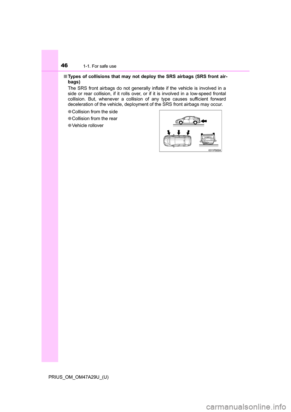 TOYOTA PRIUS 2016 4.G Service Manual 461-1. For safe use
PRIUS_OM_OM47A29U_(U)■
Types of collisions that may not de ploy the SRS airbags (SRS front air-
bags)
The SRS front airbags do not generally inflate if the vehicle is involved in