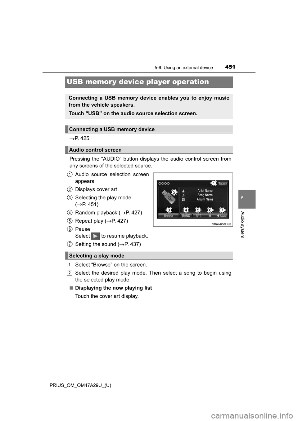 TOYOTA PRIUS 2016 4.G Owners Manual 451
PRIUS_OM_OM47A29U_(U)
5-6. Using an external device
5
Audio system
USB memor y device player operation
P. 4 2 5
Pressing the “AUDIO” button disp lays the audio control screen from
any scre TOYOTA PRIUS 2016 4.G Owners Manual 451
PRIUS_OM_OM47A29U_(U)
5-6. Using an external device
5
Audio system
USB memor y device player operation
P. 4 2 5
Pressing the “AUDIO” button disp lays the audio control screen from
any scre