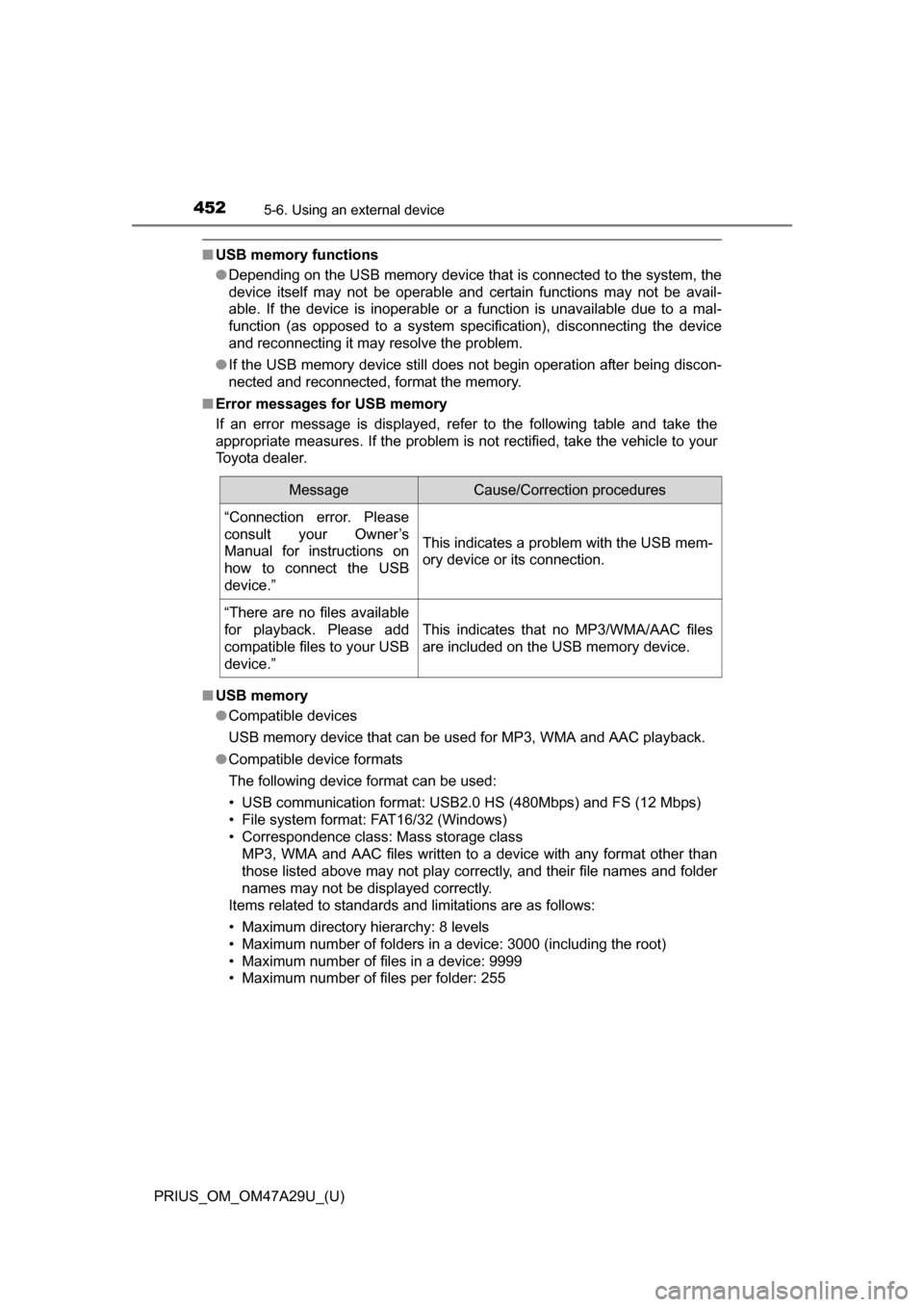 TOYOTA PRIUS 2016 4.G Owners Manual 4525-6. Using an external device
PRIUS_OM_OM47A29U_(U)
■USB memory functions
●Depending on the USB memory device that is connected to the system, the
device itself may not be operable and certain TOYOTA PRIUS 2016 4.G Owners Manual 4525-6. Using an external device
PRIUS_OM_OM47A29U_(U)
■USB memory functions
●Depending on the USB memory device that is connected to the system, the
device itself may not be operable and certain