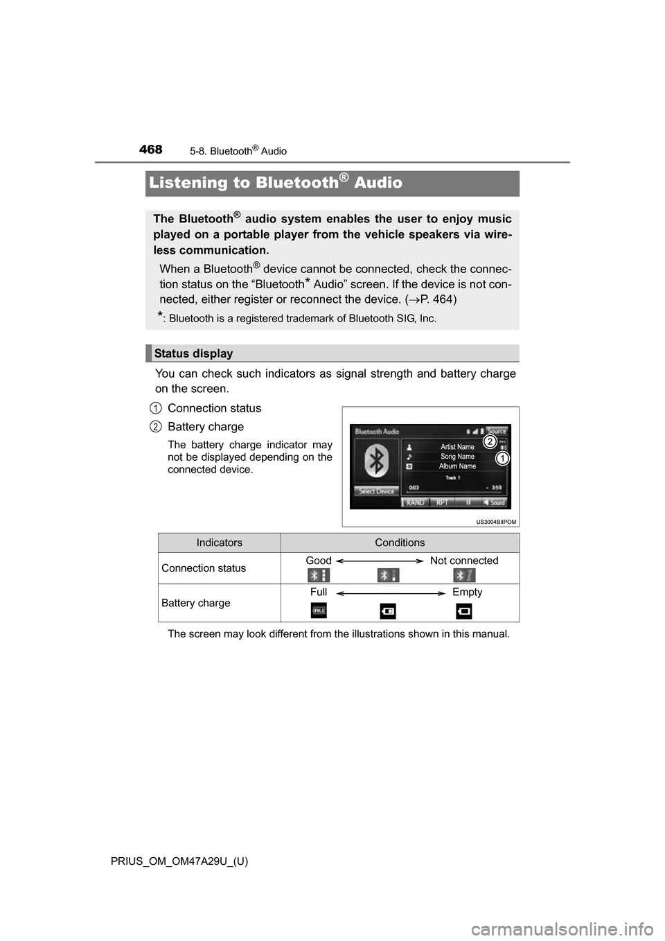 TOYOTA PRIUS 2016 4.G Owners Manual 468
PRIUS_OM_OM47A29U_(U)
5-8. Bluetooth® Audio
Listening to Bluetooth® Audio
You can check such indicators as signal strength and battery charge
on the screen.
Connection status
Battery charge
The TOYOTA PRIUS 2016 4.G Owners Manual 468
PRIUS_OM_OM47A29U_(U)
5-8. Bluetooth® Audio
Listening to Bluetooth® Audio
You can check such indicators as signal strength and battery charge
on the screen.
Connection status
Battery charge
The