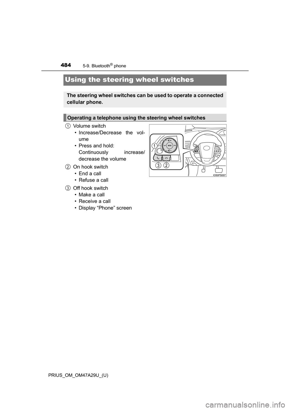 TOYOTA PRIUS 2016 4.G Owners Manual 484
PRIUS_OM_OM47A29U_(U)
5-9. Bluetooth® phone
Using the steering wheel switches
Vo l u m e  s w i t c h• Increase/Decrease the vol- ume
• Press and hold:  Continuously increase/
decrease the vo