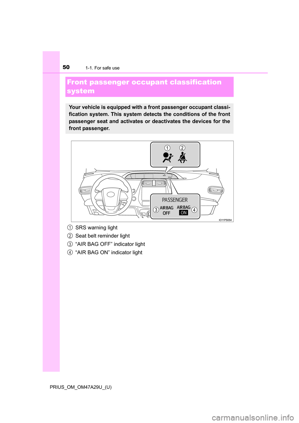 TOYOTA PRIUS 2016 4.G Service Manual 501-1. For safe use
PRIUS_OM_OM47A29U_(U)
Front passenger occupant classification
system
SRS warning light
Seat belt reminder light
“AIR BAG OFF” indicator light
“AIR BAG ON” indicator light
TOYOTA PRIUS 2016 4.G Service Manual 501-1. For safe use
PRIUS_OM_OM47A29U_(U)
Front passenger occupant classification
system
SRS warning light
Seat belt reminder light
“AIR BAG OFF” indicator light
“AIR BAG ON” indicator light