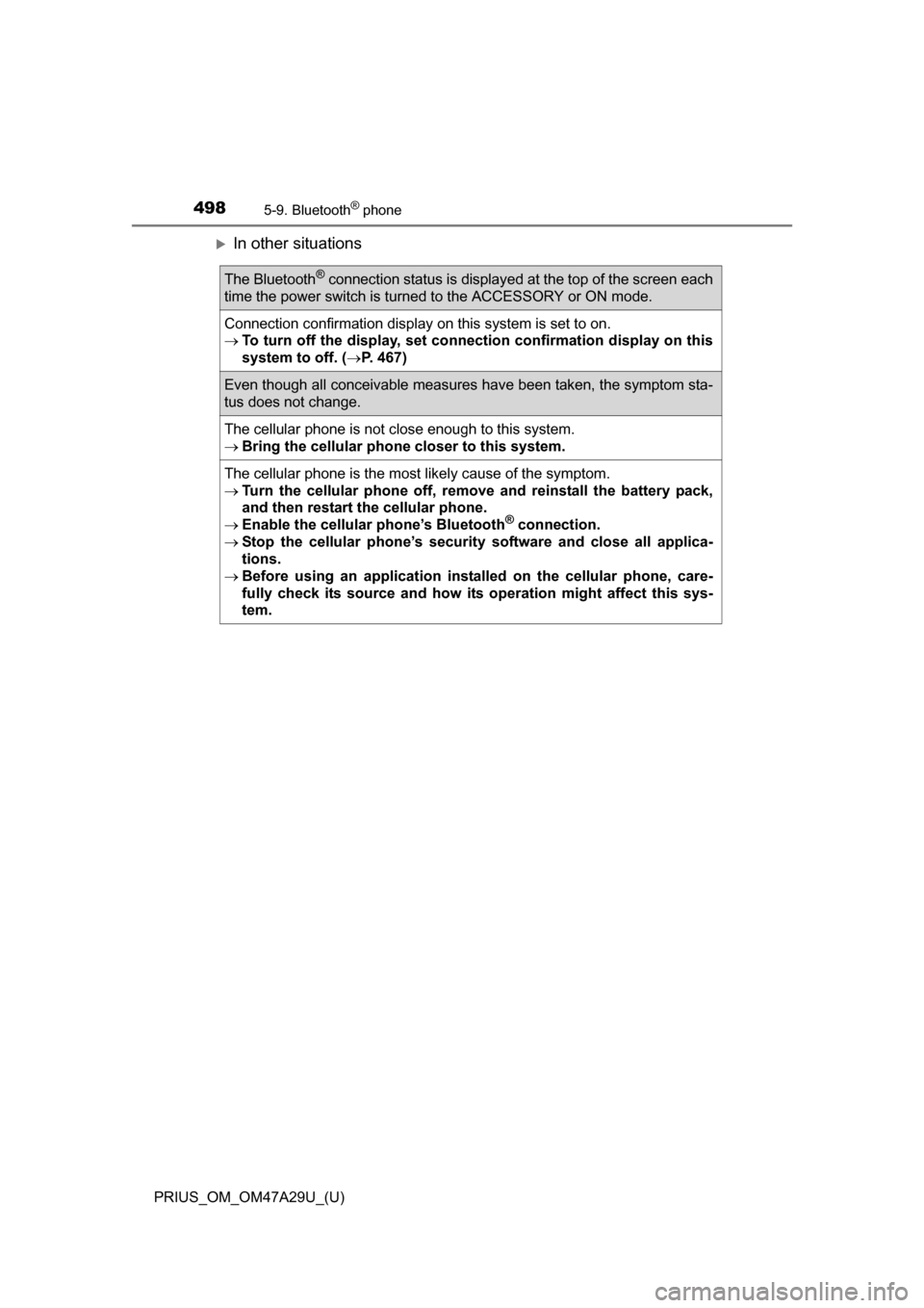 TOYOTA PRIUS 2016 4.G Owners Manual 4985-9. Bluetooth® phone
PRIUS_OM_OM47A29U_(U)
In other situations
The Bluetooth® connection status is displayed at the top of the screen each
time the power switch is turned to the ACCESSORY or TOYOTA PRIUS 2016 4.G Owners Manual 4985-9. Bluetooth® phone
PRIUS_OM_OM47A29U_(U)
In other situations
The Bluetooth® connection status is displayed at the top of the screen each
time the power switch is turned to the ACCESSORY or