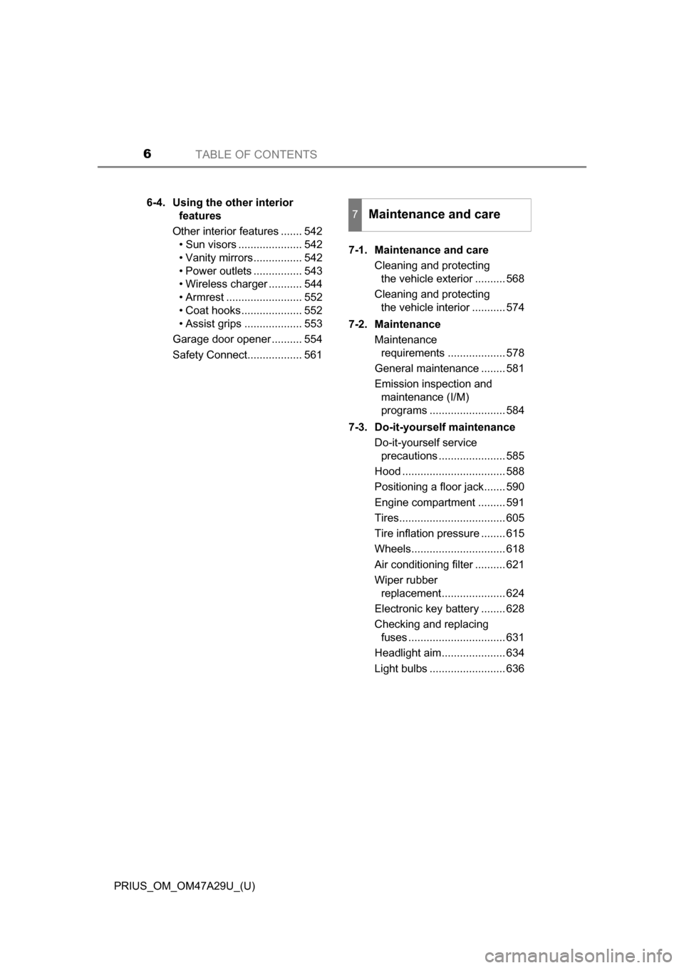 TOYOTA PRIUS 2016 4.G Owners Manual TABLE OF CONTENTS6
PRIUS_OM_OM47A29U_(U)6-4. Using the other interior
features
Other interior features ....... 542 • Sun visors ..................... 542
• Vanity mirrors................ 542
• TOYOTA PRIUS 2016 4.G Owners Manual TABLE OF CONTENTS6
PRIUS_OM_OM47A29U_(U)6-4. Using the other interior
features
Other interior features ....... 542 • Sun visors ..................... 542
• Vanity mirrors................ 542
•