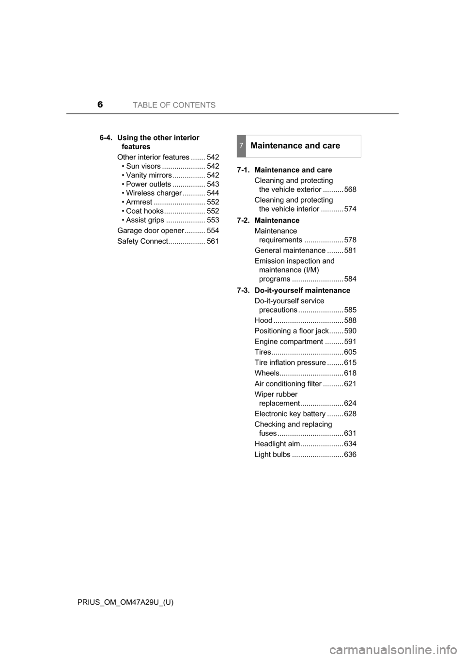 TOYOTA PRIUS 2016 4.G Owners Manual TABLE OF CONTENTS6
PRIUS_OM_OM47A29U_(U)6-4. Using the other interior 
features
Other interior features ....... 542 • Sun visors ..................... 542
• Vanity mirrors................ 542
• 