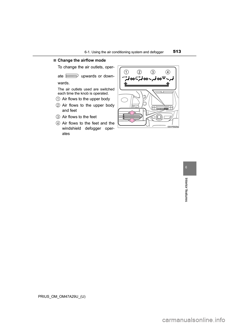 TOYOTA PRIUS 2016 4.G Owners Manual PRIUS_OM_OM47A29U_(U)
5136-1. Using the air conditioning system and defogger
6
Interior features
■Change the airflow mode
To change the air outlets, oper-
ate   upwards or down-
wards.
The air outle