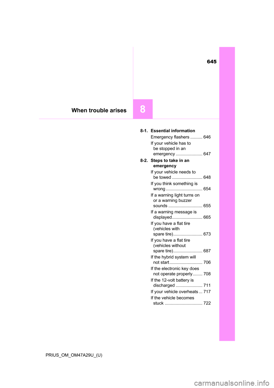 TOYOTA PRIUS 2016 4.G Owners Manual 645
PRIUS_OM_OM47A29U_(U)
8When trouble arises
8-1. Essential informationEmergency flashers .......... 646
If your vehicle has to be stopped in an
emergency ...................... 647
8-2. Steps to t TOYOTA PRIUS 2016 4.G Owners Manual 645
PRIUS_OM_OM47A29U_(U)
8When trouble arises
8-1. Essential informationEmergency flashers .......... 646
If your vehicle has to be stopped in an
emergency ...................... 647
8-2. Steps to t