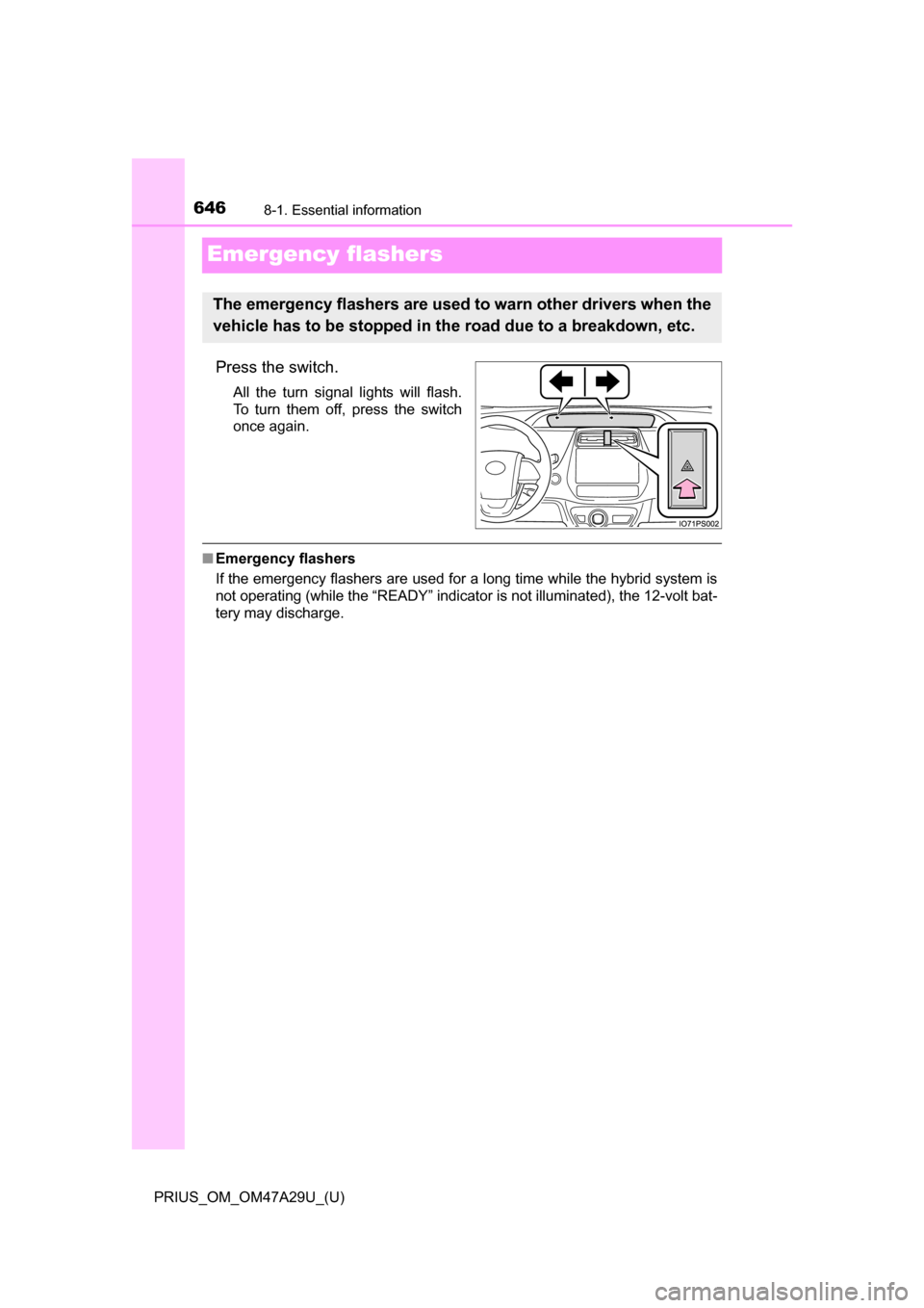 TOYOTA PRIUS 2016 4.G Owners Manual 646
PRIUS_OM_OM47A29U_(U)
8-1. Essential information
Emergency flashers
Press the switch.
All the turn signal lights will flash.
To turn them off, press the switch
once again.
■Emergency flashers
If TOYOTA PRIUS 2016 4.G Owners Manual 646
PRIUS_OM_OM47A29U_(U)
8-1. Essential information
Emergency flashers
Press the switch.
All the turn signal lights will flash.
To turn them off, press the switch
once again.
■Emergency flashers
If