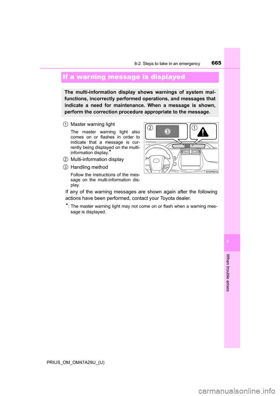 TOYOTA PRIUS 2016 4.G Owners Manual 665
PRIUS_OM_OM47A29U_(U)
8
When trouble arises
8-2. Steps to take in an emergency
If a war ning message is displayed
Master warning light
The master warning light also
comes on or flashes in order to TOYOTA PRIUS 2016 4.G Owners Manual 665
PRIUS_OM_OM47A29U_(U)
8
When trouble arises
8-2. Steps to take in an emergency
If a war ning message is displayed
Master warning light
The master warning light also
comes on or flashes in order to