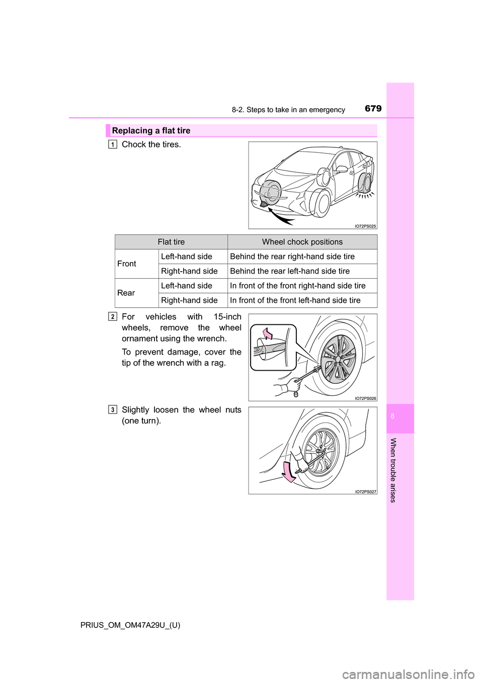 TOYOTA PRIUS 2016 4.G Owners Manual 6798-2. Steps to take in an emergency
PRIUS_OM_OM47A29U_(U)
8
When trouble arises
Chock the tires.
For vehicles with 15-inch
wheels, remove the wheel
ornament using the wrench.
To prevent damage, cove