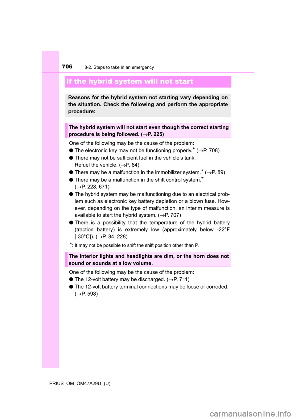 TOYOTA PRIUS 2016 4.G Owners Manual 706
PRIUS_OM_OM47A29U_(U)
8-2. Steps to take in an emergency
If the hybrid system will not star t
One of the following may be the cause of the problem:
●The electronic key may not be functioning pro TOYOTA PRIUS 2016 4.G Owners Manual 706
PRIUS_OM_OM47A29U_(U)
8-2. Steps to take in an emergency
If the hybrid system will not star t
One of the following may be the cause of the problem:
●The electronic key may not be functioning pro
