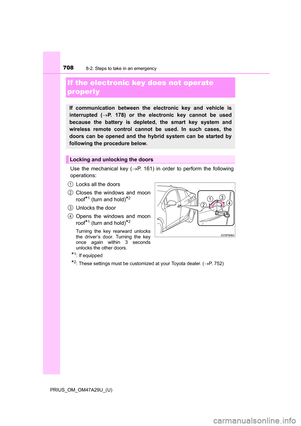 TOYOTA PRIUS 2016 4.G Owners Manual 708
PRIUS_OM_OM47A29U_(U)
8-2. Steps to take in an emergency
If the electronic key does not operate
properly
Use the mechanical key (P. 161) in order to perform the following
operations:
Locks all TOYOTA PRIUS 2016 4.G Owners Manual 708
PRIUS_OM_OM47A29U_(U)
8-2. Steps to take in an emergency
If the electronic key does not operate
properly
Use the mechanical key (P. 161) in order to perform the following
operations:
Locks all