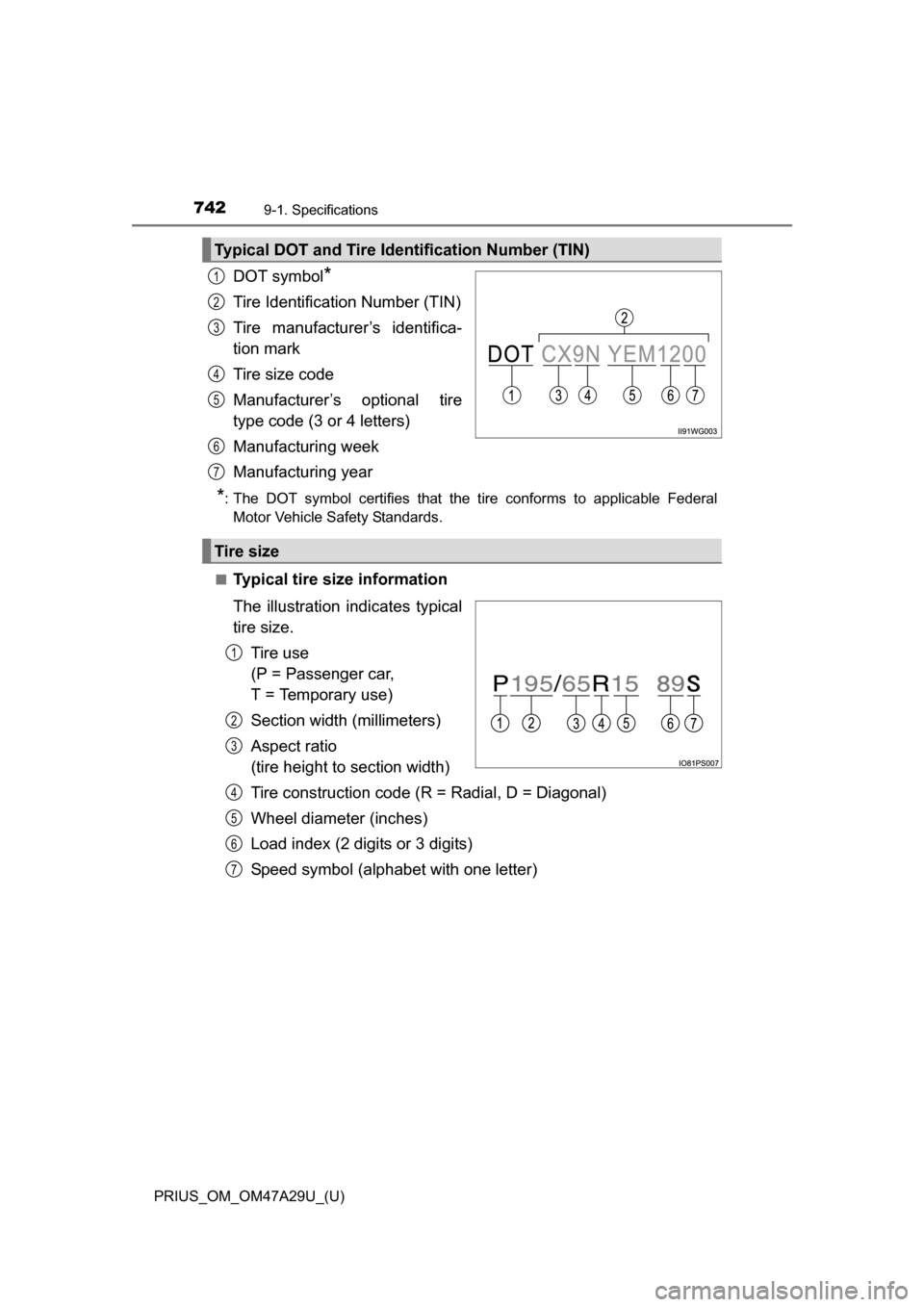 TOYOTA PRIUS 2016 4.G Owners Manual 742
PRIUS_OM_OM47A29U_(U)
9-1. Specifications
DOT symbol*
Tire Identification Number (TIN)
Tire manufacturer’s identifica-
tion mark
Tire size code
Manufacturer’s optional tire
type code (3 or 4 l TOYOTA PRIUS 2016 4.G Owners Manual 742
PRIUS_OM_OM47A29U_(U)
9-1. Specifications
DOT symbol*
Tire Identification Number (TIN)
Tire manufacturer’s identifica-
tion mark
Tire size code
Manufacturer’s optional tire
type code (3 or 4 l