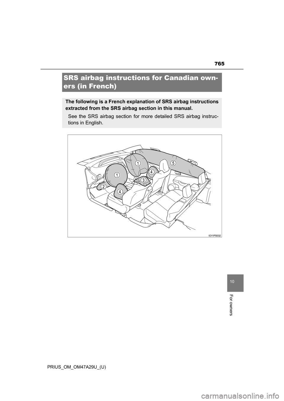 TOYOTA PRIUS 2016 4.G Owners Manual 765
PRIUS_OM_OM47A29U_(U)
10
For owners
SRS airbag instructions for Canadian own-
ers (in French)
The following is a French explanation of SRS airbag instructions
extracted from the SRS airbag section TOYOTA PRIUS 2016 4.G Owners Manual 765
PRIUS_OM_OM47A29U_(U)
10
For owners
SRS airbag instructions for Canadian own-
ers (in French)
The following is a French explanation of SRS airbag instructions
extracted from the SRS airbag section