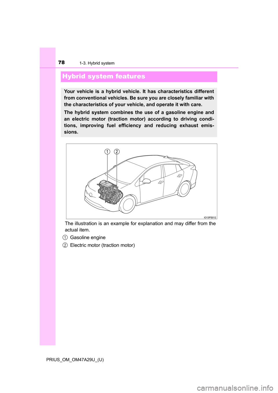 TOYOTA PRIUS 2016 4.G Manual PDF 781-3. Hybrid system
PRIUS_OM_OM47A29U_(U)
Hybrid system features
The illustration is an example for explanation and may differ from the
actual item.Gasoline engine
Electric motor (traction motor)
You