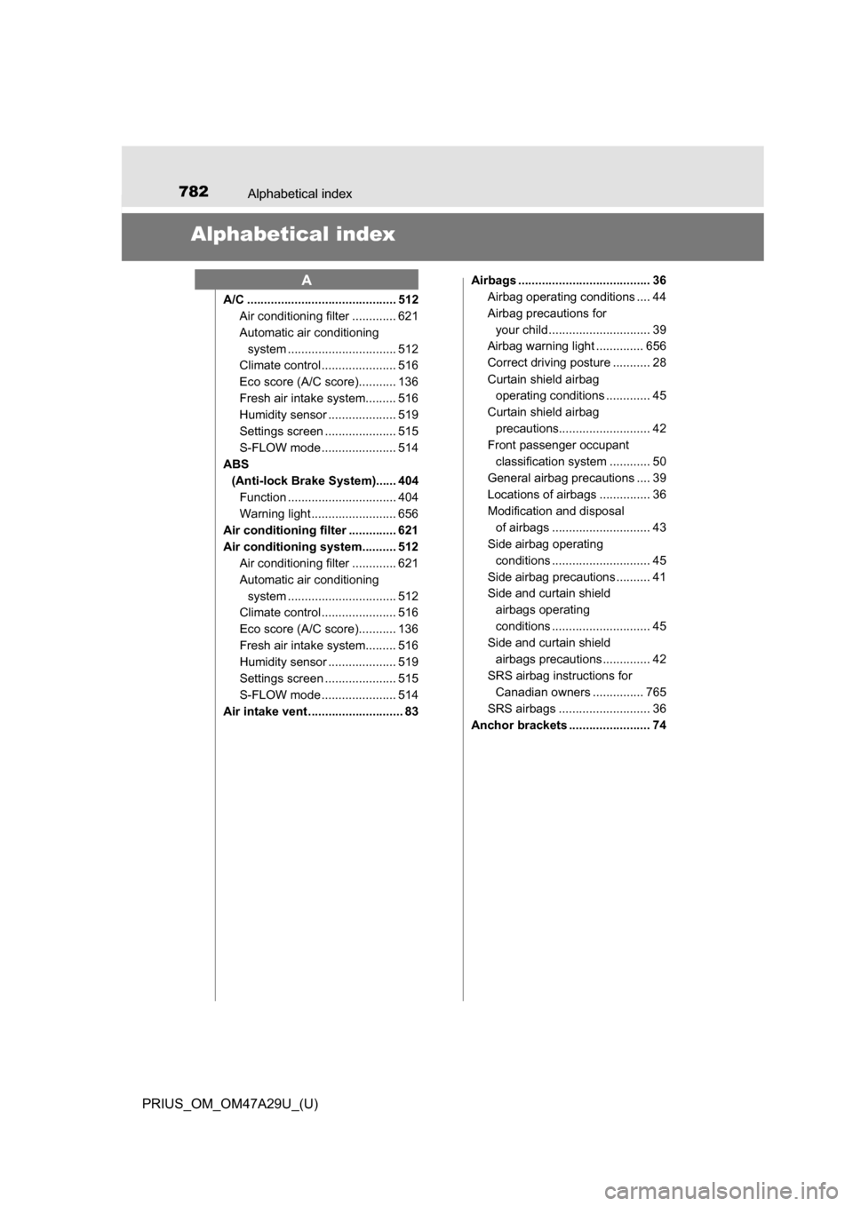 TOYOTA PRIUS 2016 4.G Owners Manual 782Alphabetical index
PRIUS_OM_OM47A29U_(U)
Alphabetical index
A/C ............................................ 512Air conditioning filter ............. 621
Automatic air conditioning
system ........ TOYOTA PRIUS 2016 4.G Owners Manual 782Alphabetical index
PRIUS_OM_OM47A29U_(U)
Alphabetical index
A/C ............................................ 512Air conditioning filter ............. 621
Automatic air conditioning
system ........