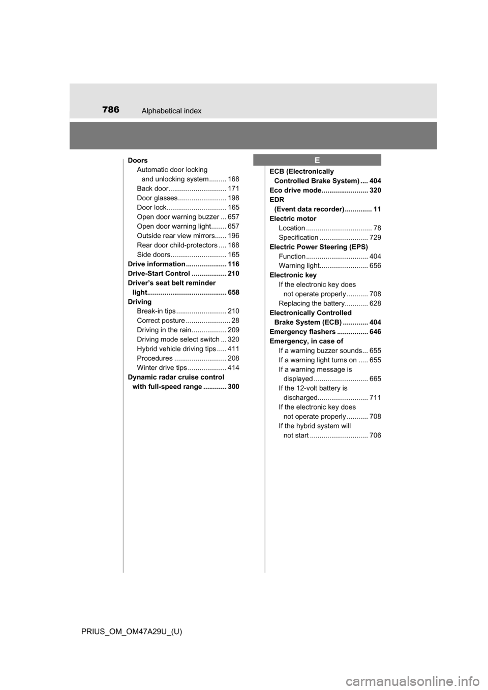 TOYOTA PRIUS 2016 4.G Owners Manual 786Alphabetical index
PRIUS_OM_OM47A29U_(U)
DoorsAutomatic door locking
and unlocking system ......... 168
Back door.............................. 171
Door glasses ......................... 198
Door TOYOTA PRIUS 2016 4.G Owners Manual 786Alphabetical index
PRIUS_OM_OM47A29U_(U)
DoorsAutomatic door locking
and unlocking system ......... 168
Back door.............................. 171
Door glasses ......................... 198
Door