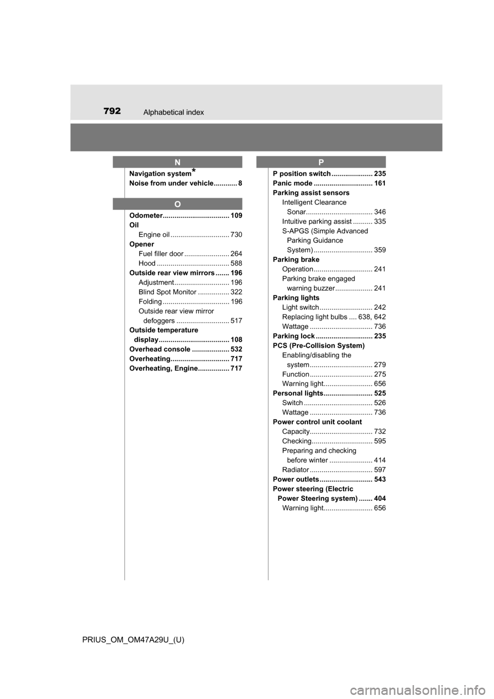 TOYOTA PRIUS 2016 4.G Owners Manual 792Alphabetical index
PRIUS_OM_OM47A29U_(U)
Navigation system*
Noise from under vehicle............ 8
Odometer.................................. 109
OilEngine oil .............................. 730
Op