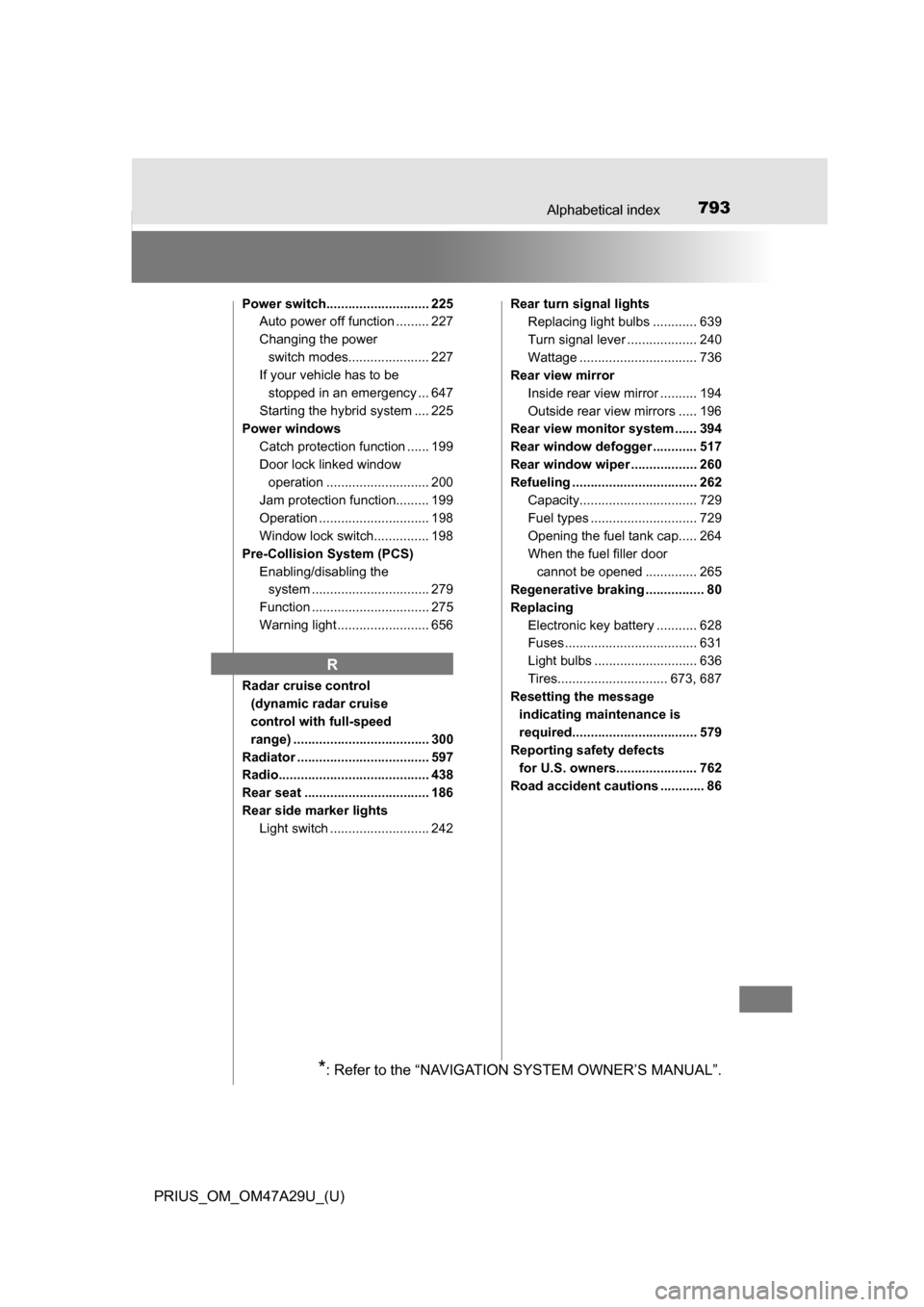 TOYOTA PRIUS 2016 4.G Owners Manual 793Alphabetical index
PRIUS_OM_OM47A29U_(U)
Power switch............................ 225Auto power off function ......... 227
Changing the power
switch modes...................... 227
If your vehicle TOYOTA PRIUS 2016 4.G Owners Manual 793Alphabetical index
PRIUS_OM_OM47A29U_(U)
Power switch............................ 225Auto power off function ......... 227
Changing the power
switch modes...................... 227
If your vehicle