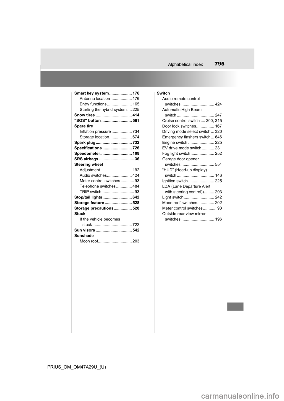 TOYOTA PRIUS 2016 4.G Owners Manual 795Alphabetical index
PRIUS_OM_OM47A29U_(U)
Smart key system .................... 176Antenna location ................... 176
Entry functions ...................... 165
Starting the hybrid system .... TOYOTA PRIUS 2016 4.G Owners Manual 795Alphabetical index
PRIUS_OM_OM47A29U_(U)
Smart key system .................... 176Antenna location ................... 176
Entry functions ...................... 165
Starting the hybrid system ....