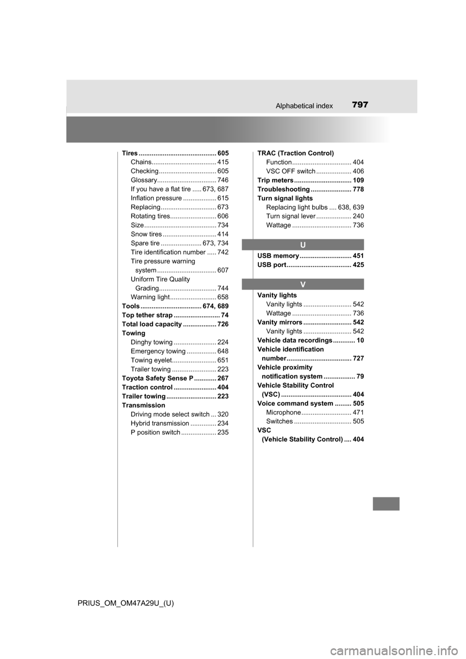 TOYOTA PRIUS 2016 4.G Owners Manual 797Alphabetical index
PRIUS_OM_OM47A29U_(U)
Tires .......................................... 605Chains................................... 415
Checking ............................... 605
Glossary.....