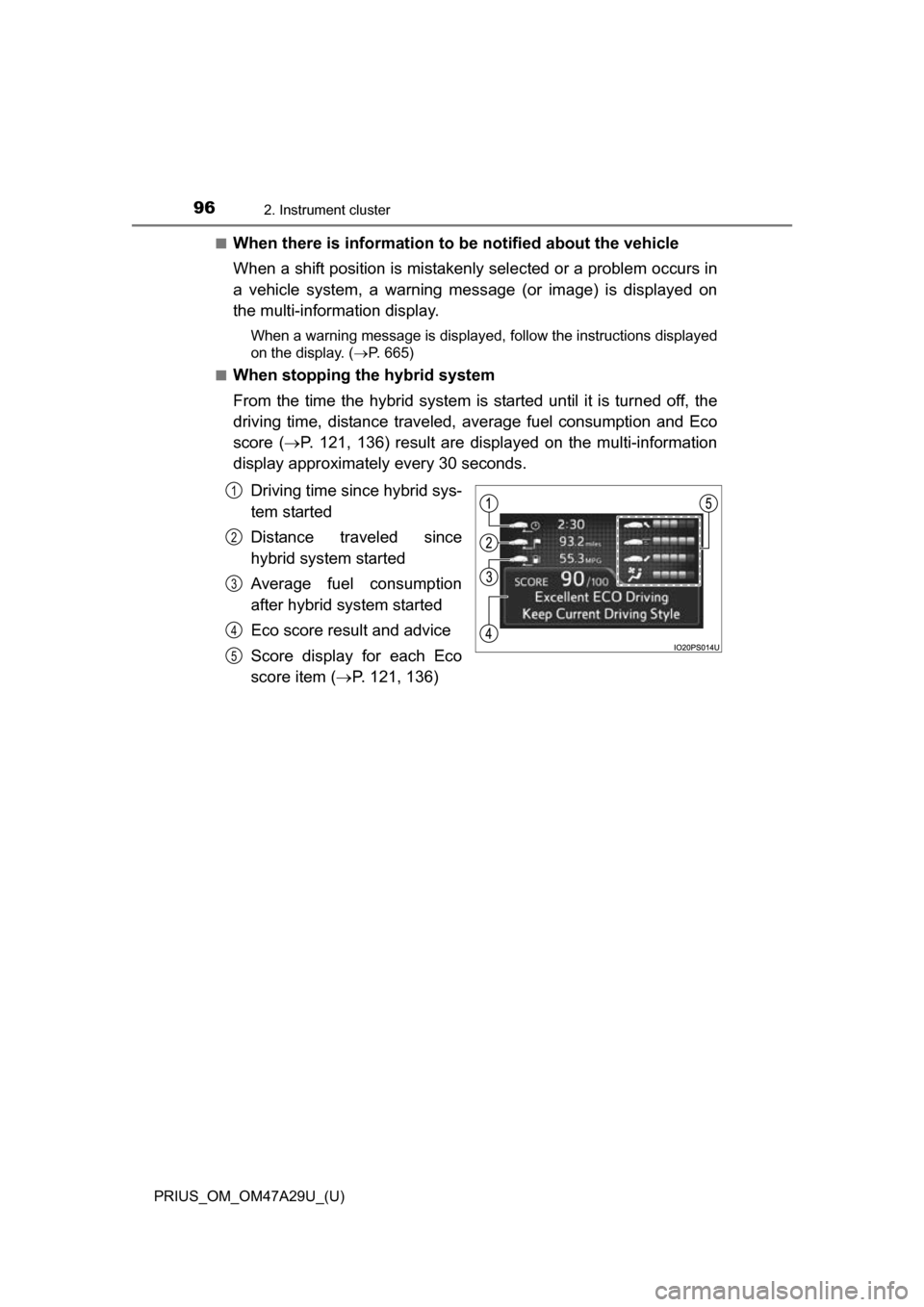 TOYOTA PRIUS 2016 4.G Owners Manual 96
PRIUS_OM_OM47A29U_(U)
2. Instrument cluster
■When there is information to be notified about the vehicle
When a shift position is mistakenly selected or a problem occurs in
a vehicle system, a war