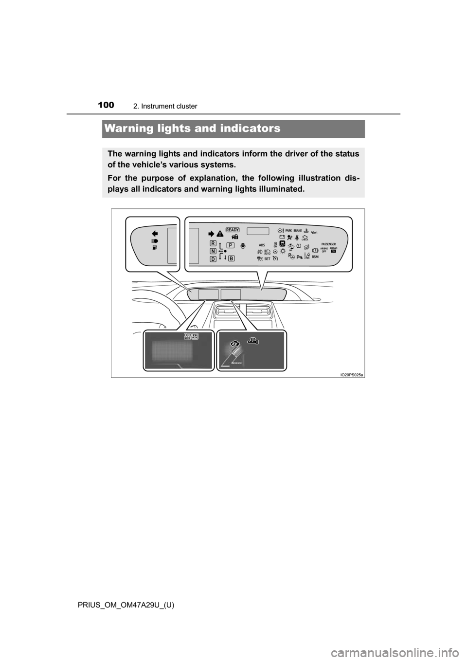 TOYOTA PRIUS 2016 4.G Owners Manual 100
PRIUS_OM_OM47A29U_(U)
2. Instrument cluster
Warning lights and indicators
The warning lights and indicators inform the driver of the status
of the vehicle’s various systems.
For the purpose of e TOYOTA PRIUS 2016 4.G Owners Manual 100
PRIUS_OM_OM47A29U_(U)
2. Instrument cluster
Warning lights and indicators
The warning lights and indicators inform the driver of the status
of the vehicle’s various systems.
For the purpose of e