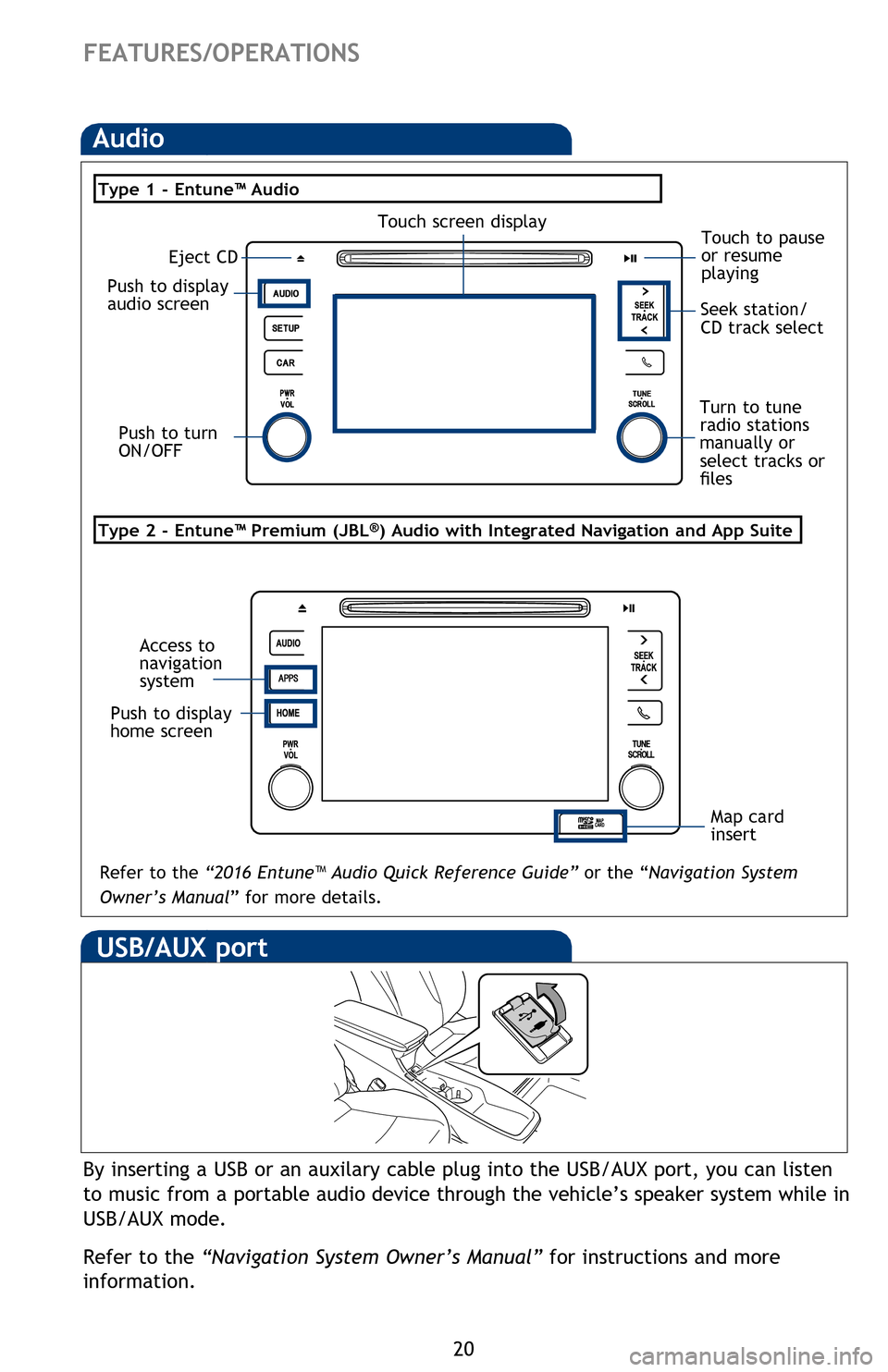 TOYOTA PRIUS 2016 4.G Quick Reference Guide Eject CD
Push to turn
ON/OFF Seek station/
CD track select
Map card
insert
Push to display
audio screen
Touch screen display
Turn to tune
radio stations
manually or
select tracks or
files
Touch t TOYOTA PRIUS 2016 4.G Quick Reference Guide Eject CD
Push to turn
ON/OFF Seek station/
CD track select
Map card
insert
Push to display
audio screen
Touch screen display
Turn to tune
radio stations
manually or
select tracks or
files
Touch t