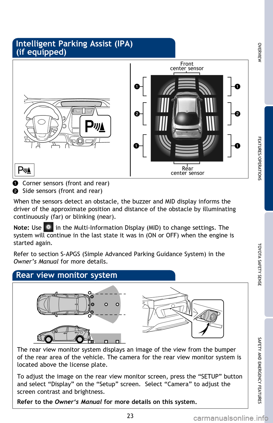 TOYOTA PRIUS 2016 4.G Quick Reference Guide SAFETY AND EMERGENCY FEATURES
TOYOTA SAFETY SENSE
FEATURES/OPERATIONS
OVERVIEW
23
Intelligent Parking Assist (IPA)
(if equipped)
When the sensors detect an obstacle, the buzzer and MID display inform TOYOTA PRIUS 2016 4.G Quick Reference Guide SAFETY AND EMERGENCY FEATURES
TOYOTA SAFETY SENSE
FEATURES/OPERATIONS
OVERVIEW
23
Intelligent Parking Assist (IPA)
(if equipped)
When the sensors detect an obstacle, the buzzer and MID display inform