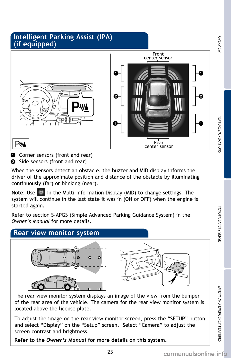 TOYOTA PRIUS 2016 4.G Quick Reference Guide SAFETY AND EMERGENCY FEATURES
TOYOTA SAFETY SENSE
FEATURES/OPERATIONS
OVERVIEW
23
Intelligent Parking Assist (IPA) 
(if equipped)
When the sensors detect an obstacle, the buzzer and MID display inform