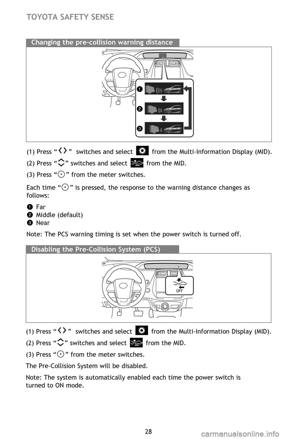 TOYOTA PRIUS 2016 4.G Quick Reference Guide 28
TOYOTA SAFETY SENSE
(1) Press “” switches and select from the Multi-Information Display (MID).
(2) Press “
” switches and select from the MID.
(3) Press “
” from the meter switches TOYOTA PRIUS 2016 4.G Quick Reference Guide 28
TOYOTA SAFETY SENSE
(1) Press “” switches and select from the Multi-Information Display (MID).
(2) Press “
” switches and select from the MID.
(3) Press “
” from the meter switches