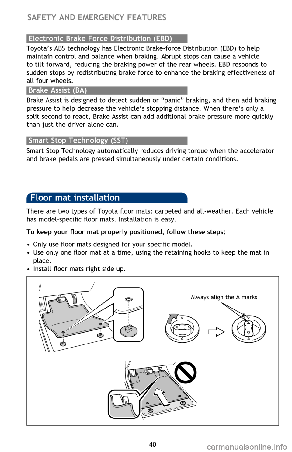 TOYOTA PRIUS 2016 4.G Quick Reference Guide 40
SAFETY AND EMERGENCY FEATURES 
There are two types of Toyota �