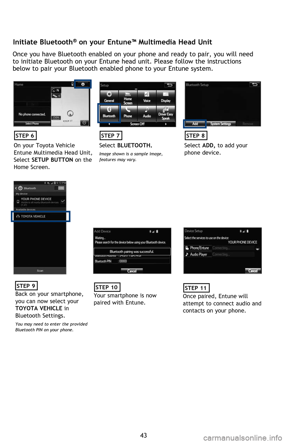 TOYOTA PRIUS 2016 4.G Quick Reference Guide 43
Pairing your phone is the first step in connecting with your Toyota for hands-free 
calling and for audio streaming via Bluetooth. This pairing process is �Tuic�N and 
easy� all Android mobile dig