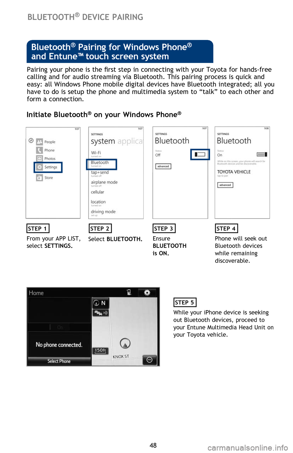 TOYOTA PRIUS 2016 4.G Quick Reference Guide 48
Pairing your phone is the first step in connecting with your Toyota for hands-free 
calling and for audio streaming via Bluetooth. This pairing process is �Tuic�N and 
easy� all �:indows Phone mob