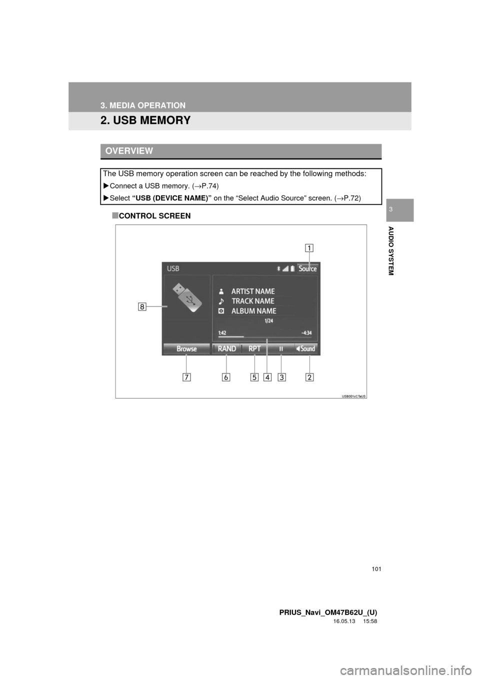 TOYOTA PRIUS 2017 4.G Navigation Manual 101
3. MEDIA OPERATION
PRIUS_Navi_OM47B62U_(U)
16.05.13     15:58
AUDIO SYSTEM
3
2. USB MEMORY
■CONTROL SCREEN
OVERVIEW
The USB memory operation screen can be reached by the following methods:
Co