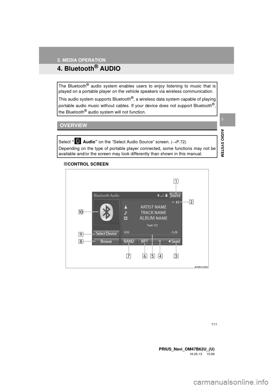 TOYOTA PRIUS 2017 4.G Navigation Manual 111
3. MEDIA OPERATION
PRIUS_Navi_OM47B62U_(U)
16.05.13     15:58
AUDIO SYSTEM
3
4. Bluetooth® AUDIO
■CONTROL SCREEN
The Bluetooth
® audio system enables users to enjoy listening to music that is
