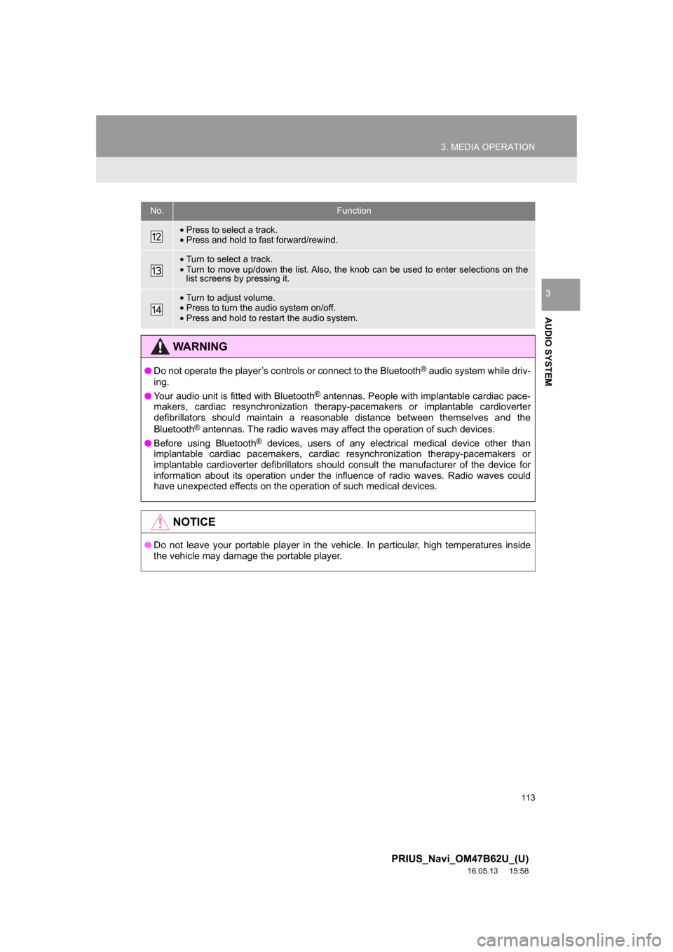 TOYOTA PRIUS 2017 4.G Navigation Manual 113
3. MEDIA OPERATION
PRIUS_Navi_OM47B62U_(U)
16.05.13     15:58
AUDIO SYSTEM
3
•Press to select a track.
• Press and hold to fast forward/rewind.
•Turn to select a track.
• Turn to move up/d