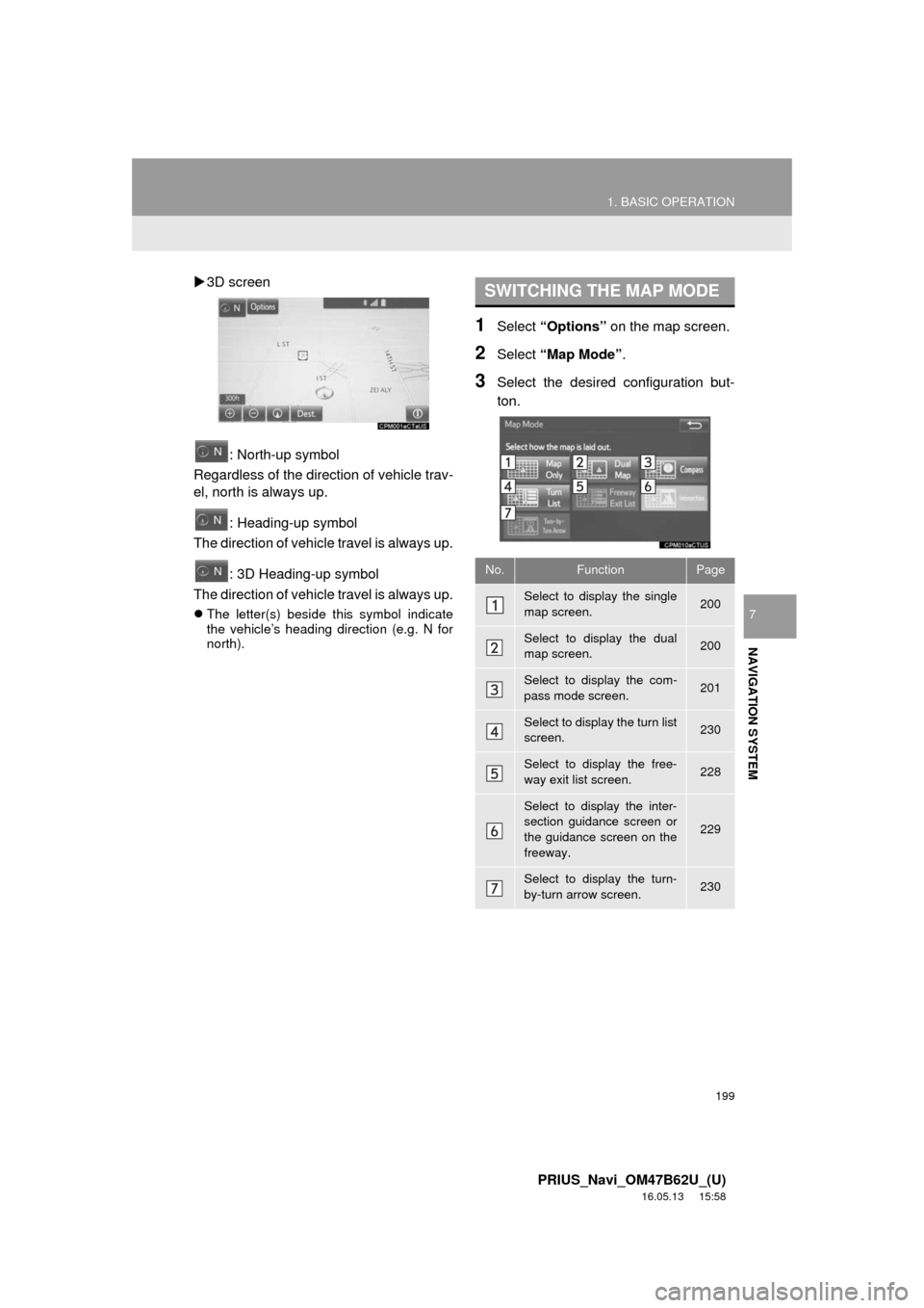 TOYOTA PRIUS 2017 4.G Navigation Manual 199
1. BASIC OPERATION
PRIUS_Navi_OM47B62U_(U)
16.05.13 15:58
NAVIGATION SYSTEM
7
3D screen
: North-up symbol
Regardless of the direction of vehicle trav-
el, north is always up.
: Heading-up s TOYOTA PRIUS 2017 4.G Navigation Manual 199
1. BASIC OPERATION
PRIUS_Navi_OM47B62U_(U)
16.05.13 15:58
NAVIGATION SYSTEM
7
3D screen
: North-up symbol
Regardless of the direction of vehicle trav-
el, north is always up.
: Heading-up s